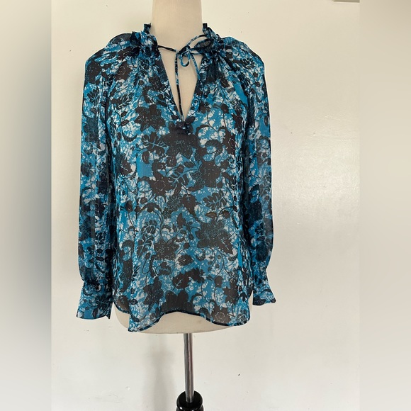 Anthropologie Chiffon Blouse Blue Floral Long Sleeve V-Neck size S - Picture 3 of 12